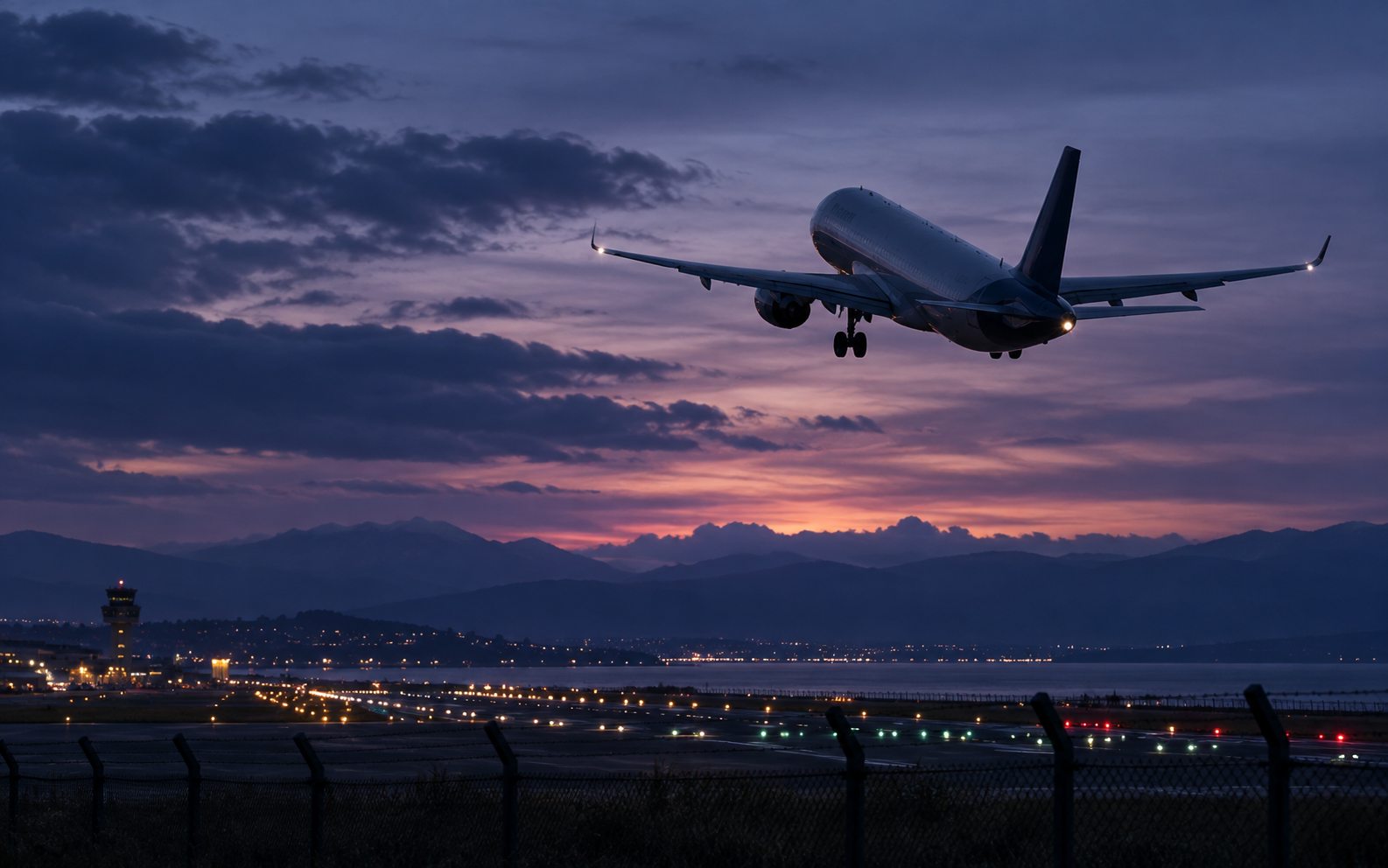 Commercial aircraft taking off at dusk
