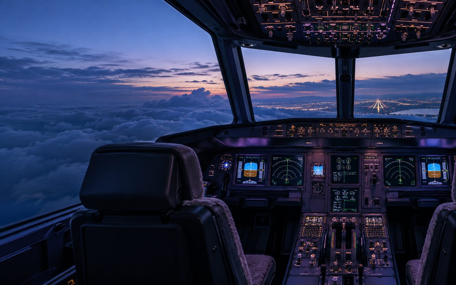 Aircraft cockpit at dusk with a view above the clouds